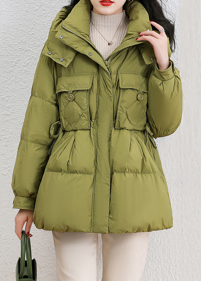 Green Hooded Pockets Patchwork Duck Down Down Coat Winter