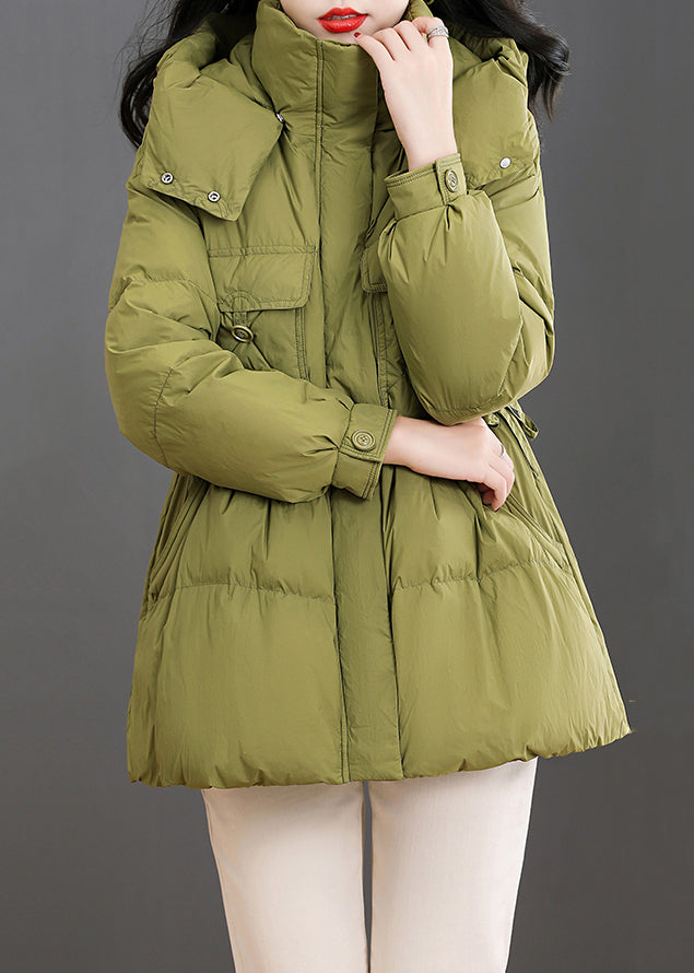 Green Hooded Pockets Patchwork Duck Down Down Coat Winter