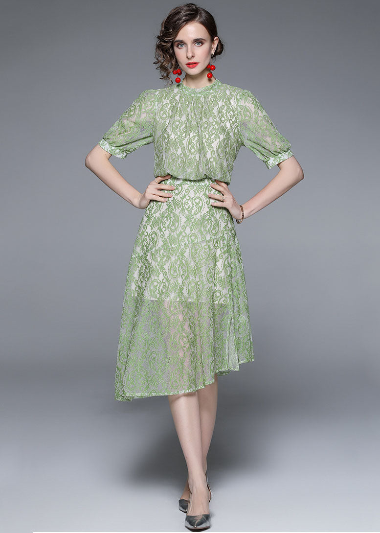 Green Jacquard Asymmetrical Patchwork Lace Mid Dress Summer