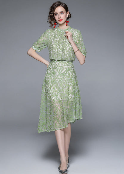 Green Jacquard Asymmetrical Patchwork Lace Mid Dress Summer