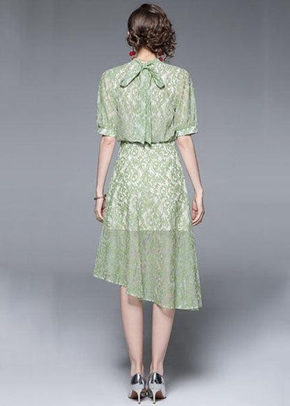 Green Jacquard Asymmetrical Patchwork Lace Mid Dress Summer