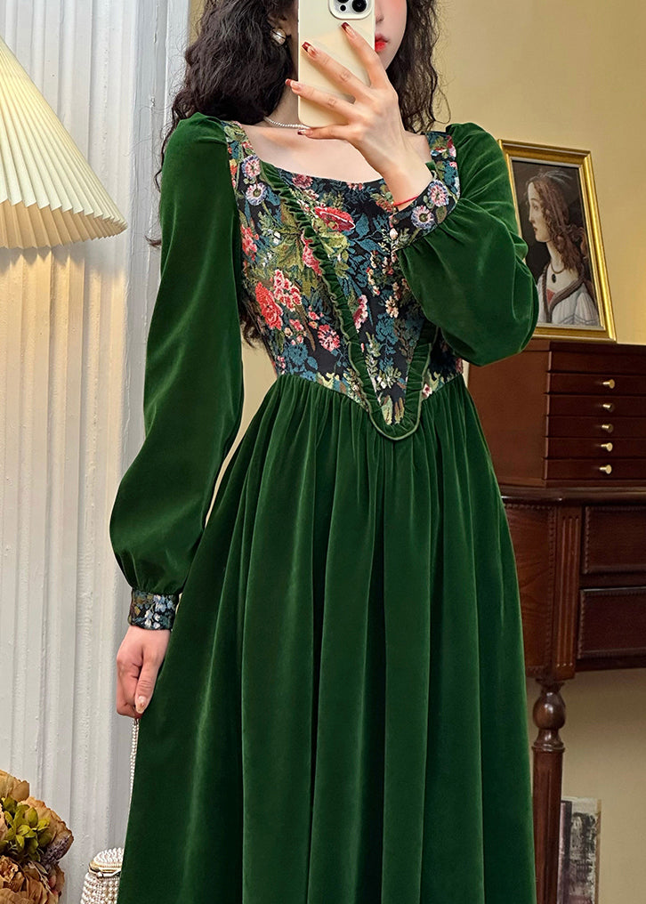 Green Jacquard Ruffled Silk Velour Long Dresses Spring