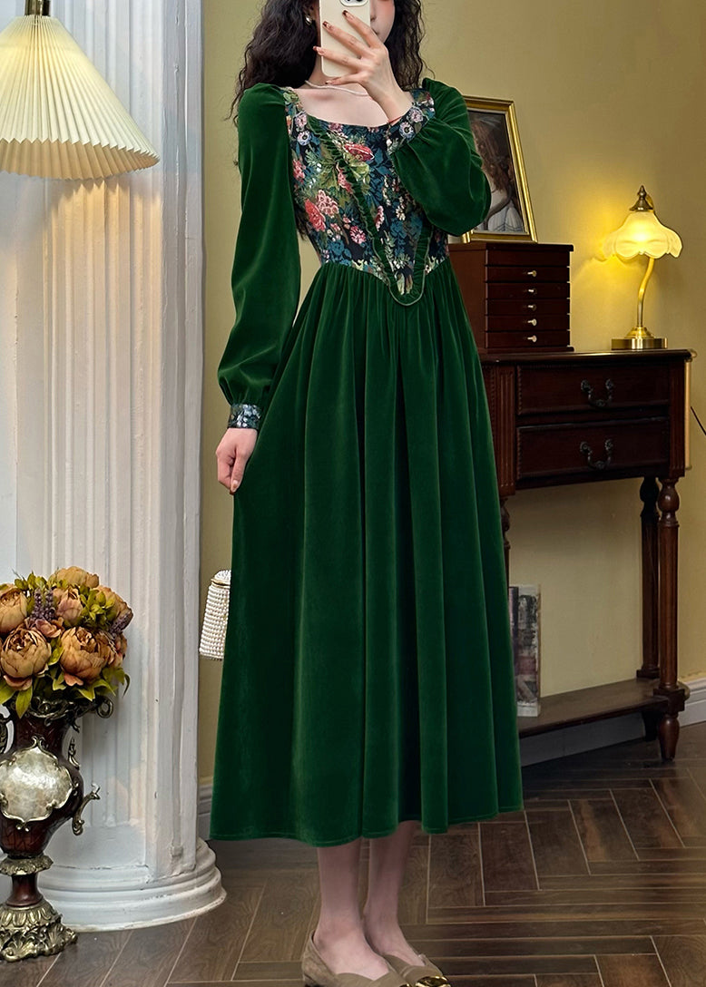 Green Jacquard Ruffled Silk Velour Long Dresses Spring