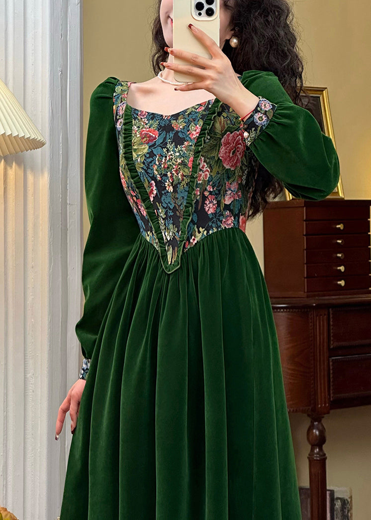 Green Jacquard Ruffled Silk Velour Long Dresses Spring