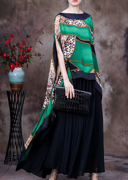 Green Leopard Print Low High Design Chiffon Upf 50+ Top Batwing Sleeve