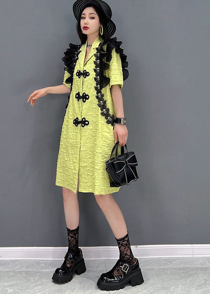 Green Notched Collar Patchwork Ruffles Oriental Button Mid Dresses Short Sleeve