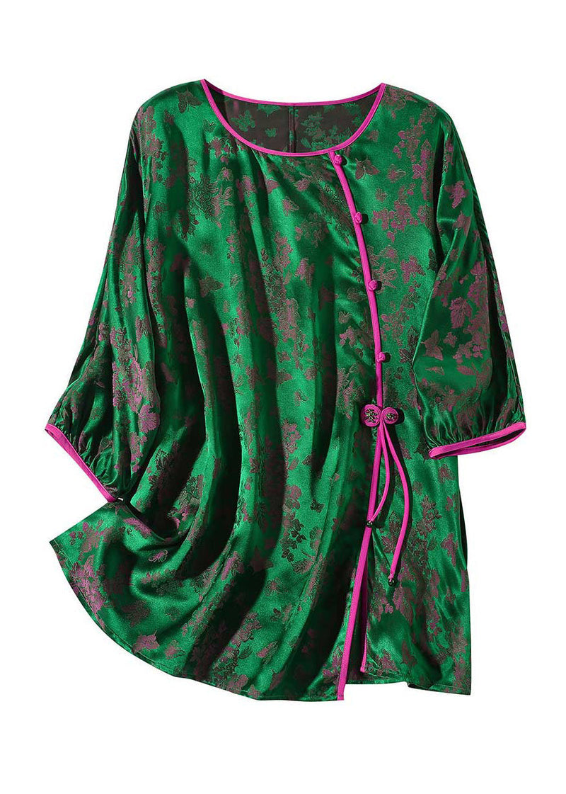 Green O-neck Asymmetrical Button Silk Top Summer