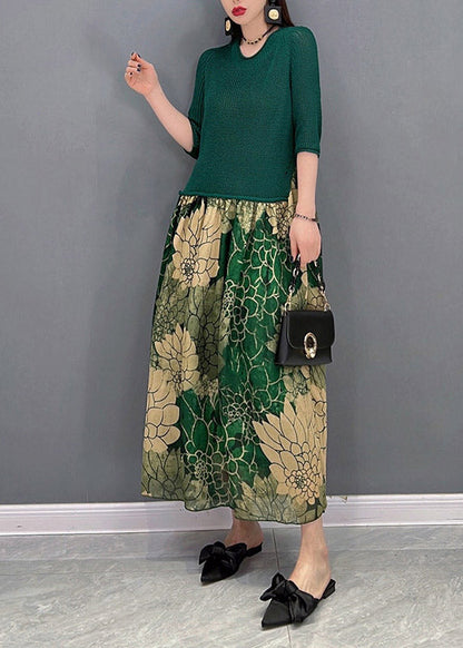 Green O-neck Chiffon Patchwork Print Knit Long Dress Half Sleeve