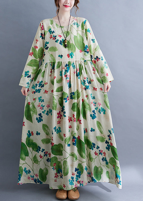 Green O-neck Cinched Print Long Dress Long Sleeve