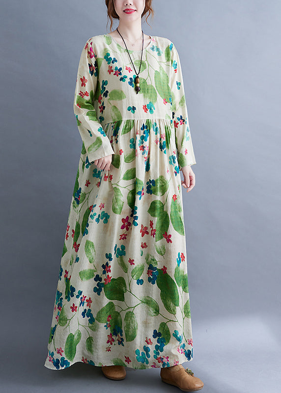 Green O-neck Cinched Print Long Dress Long Sleeve