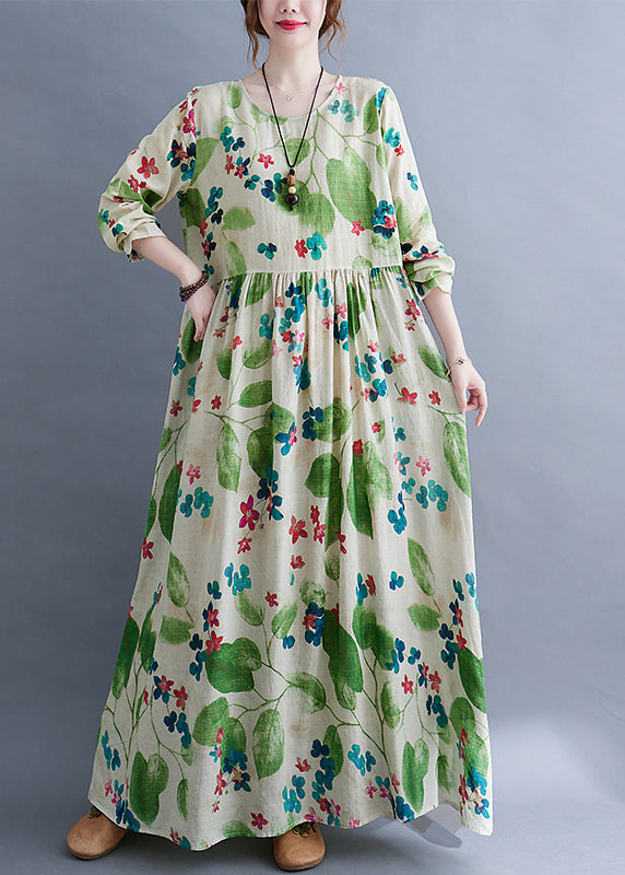 Green O-neck Cinched Print Long Dress Long Sleeve