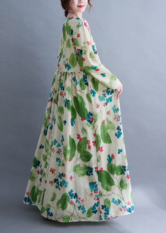 Green O-neck Cinched Print Long Dress Long Sleeve