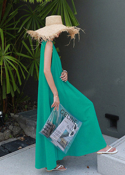 Green O-neck Cotton Spaghetti Strap Dress Sleeveless