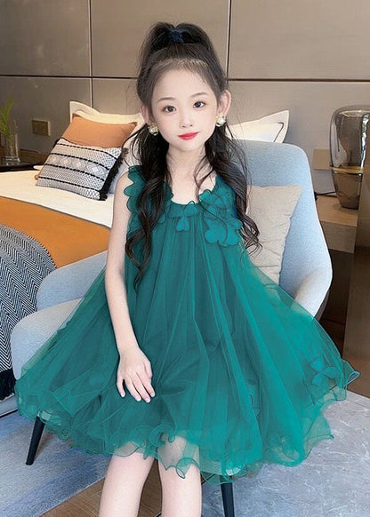 Green O-neck Layered Tulle Kids Long Dress Sleeveless