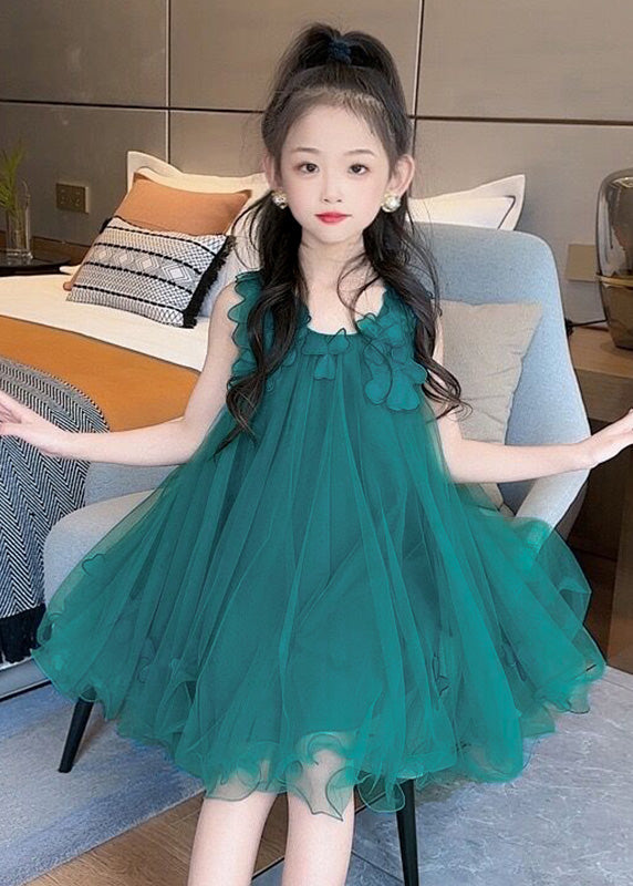 Green O-neck Layered Tulle Kids Long Dress Sleeveless
