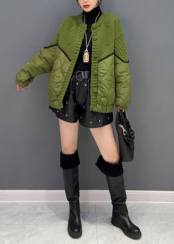 Green O Neck Knit Patchwork Cotton Filled Jackets Winter