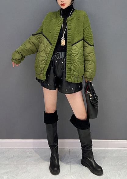 Green O Neck Knit Patchwork Cotton Filled Jackets Winter