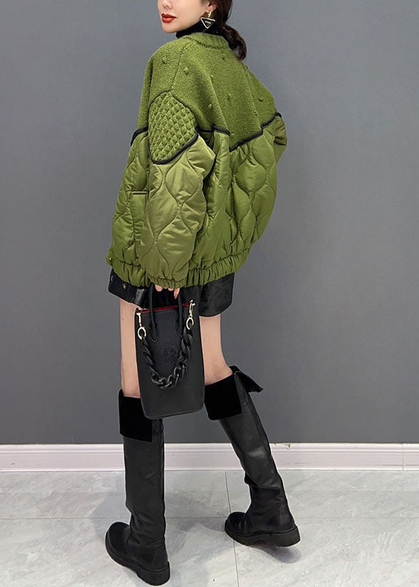 Green O Neck Knit Patchwork Cotton Filled Jackets Winter
