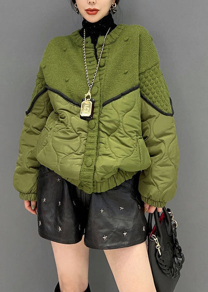 Green O Neck Knit Patchwork Cotton Filled Jackets Winter