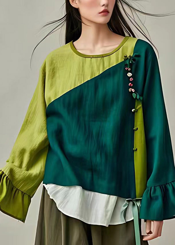 Green O-neck Patchwork Bow Shirt Flare Sleeve