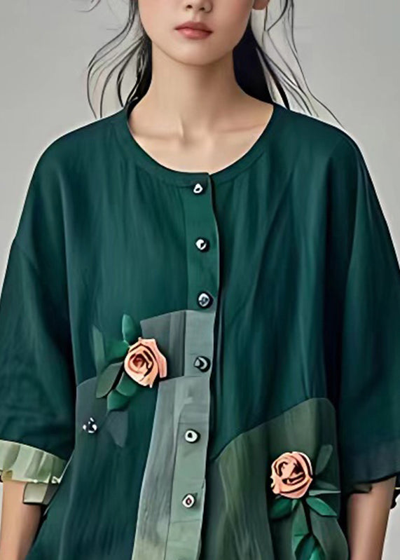 Green O-neck Patchwork Shirt Fall