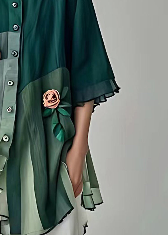Green O-neck Patchwork Shirt Fall