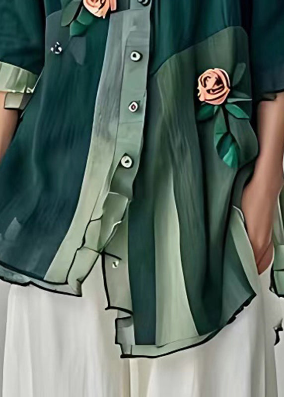 Green O-neck Patchwork Shirt Fall
