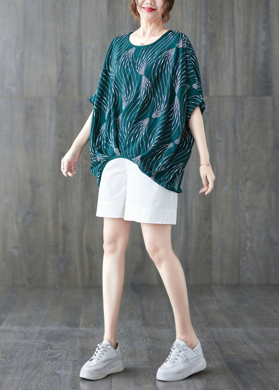 Green O-neck Print Cotton Pullover Tops Short Sleeve