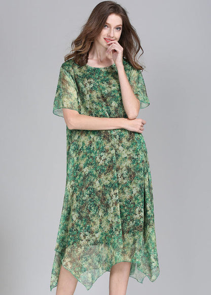 Green O Neck Print Patchwork Chiffon Dress Summer