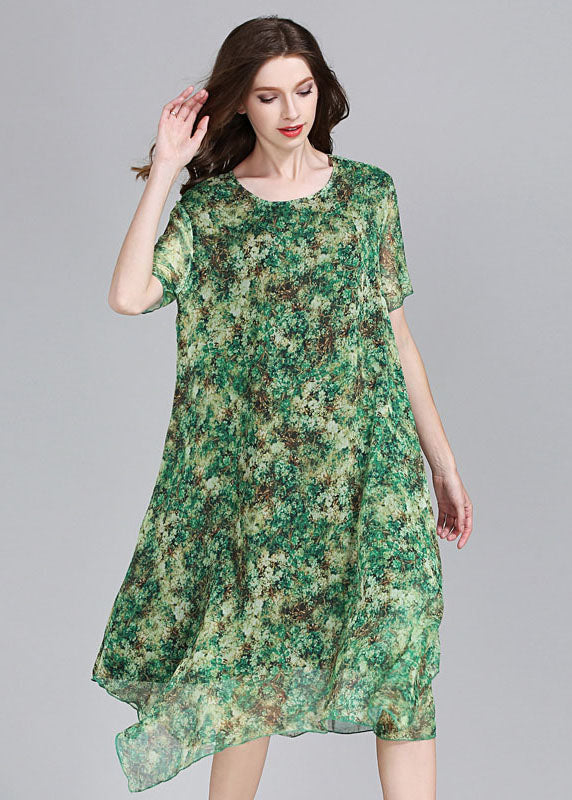 Green O Neck Print Patchwork Chiffon Dress Summer
