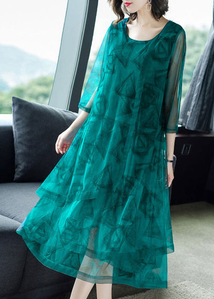 Green O-neck Print Patchwork Tulle Maxi Dresses Summer
