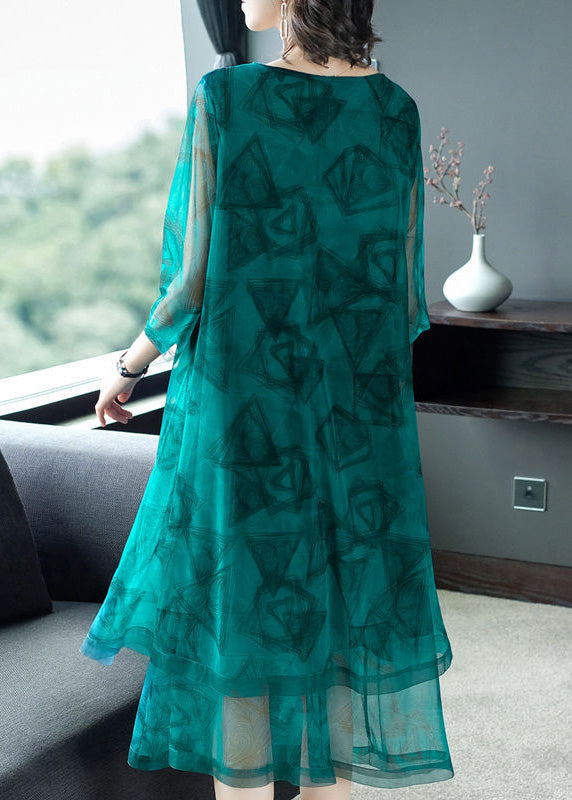 Green O-neck Print Patchwork Tulle Maxi Dresses Summer