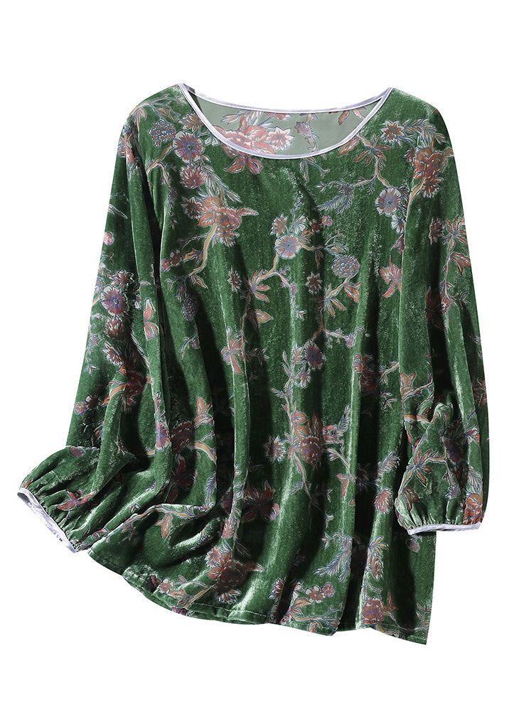 Green O-neck Print Velour Top Spring