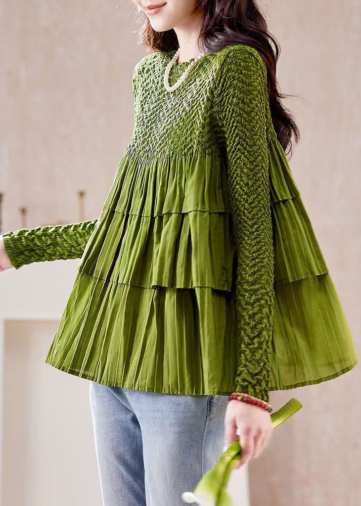 Green O Neck Wrinkled Patchwork Chiffon Top Long Sleeve