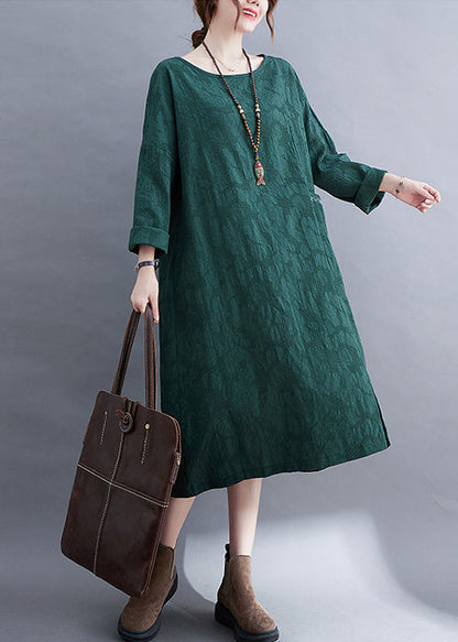 Green O-neck Side Open Jacquard Pocket Linen Dress Long Sleeve