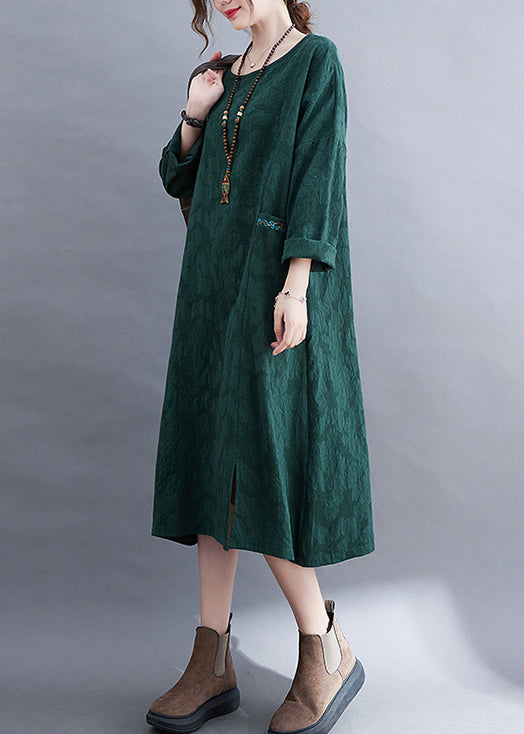 Green O-neck Side Open Jacquard Pocket Linen Dress Long Sleeve
