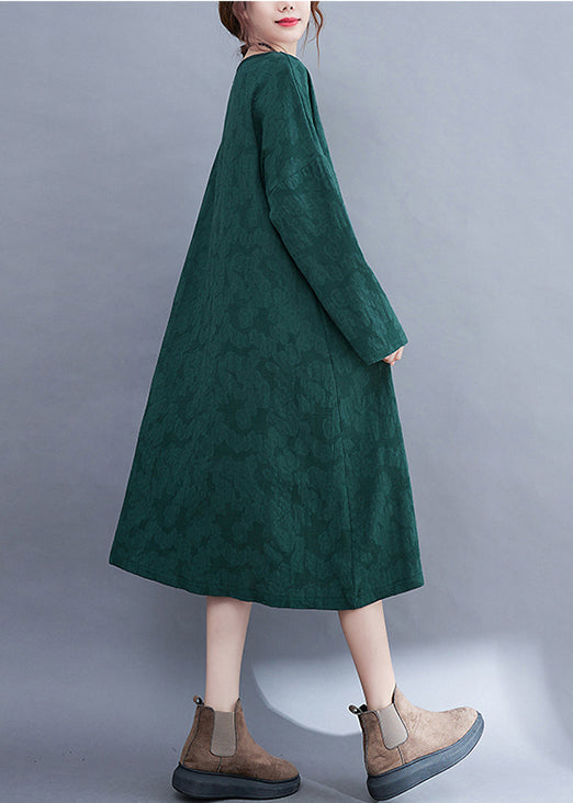 Green O-neck Side Open Jacquard Pocket Linen Dress Long Sleeve