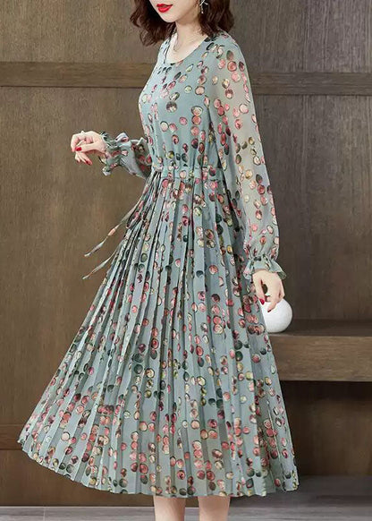 Green O-neck Tie Waist Wrinkled Chiffon Maxi Dresses Spring