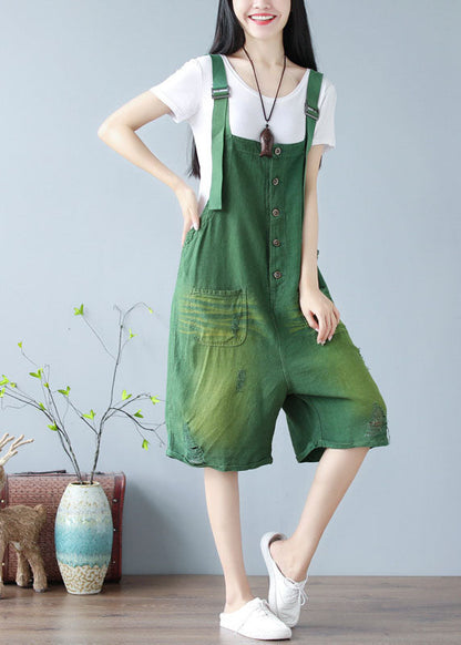 Green Oversized Cotton Ripped Jumpsuits Shorts Summer