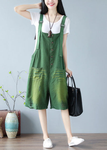Green Oversized Cotton Ripped Jumpsuits Shorts Summer
