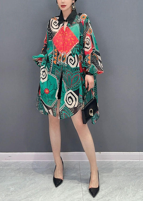 Green Oversized Print Chiffon Long Shirts Spring