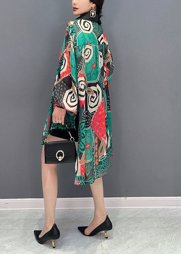 Green Oversized Print Chiffon Long Shirts Spring