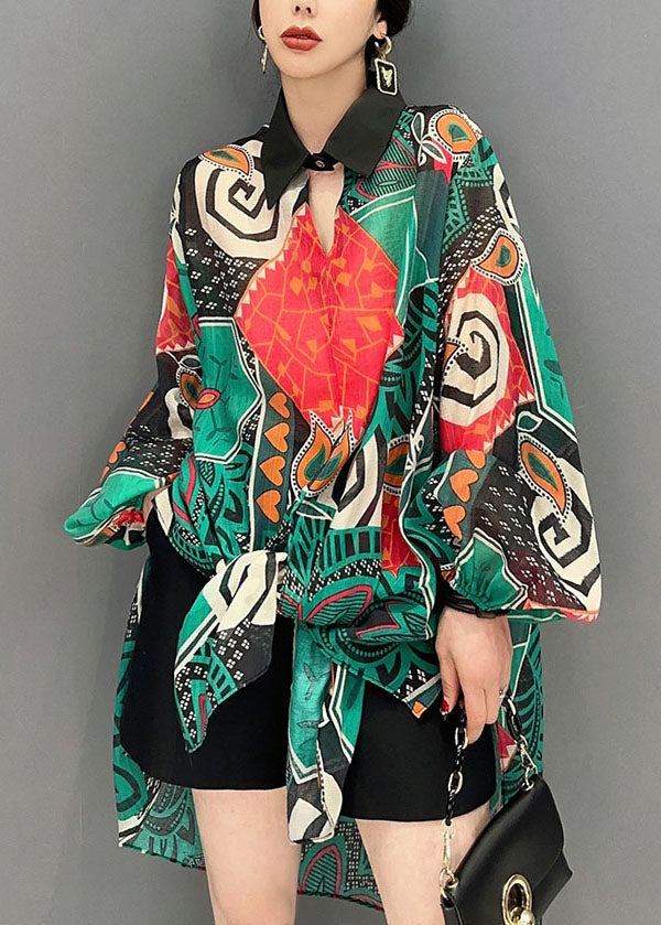 Green Oversized Print Chiffon Long Shirts Spring