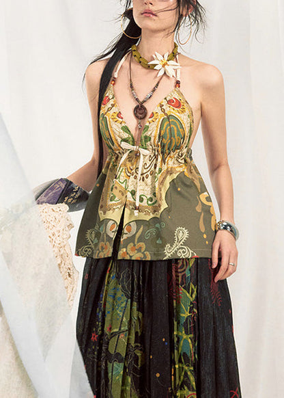 Green Oversized Print Cotton Halter Tops Summer