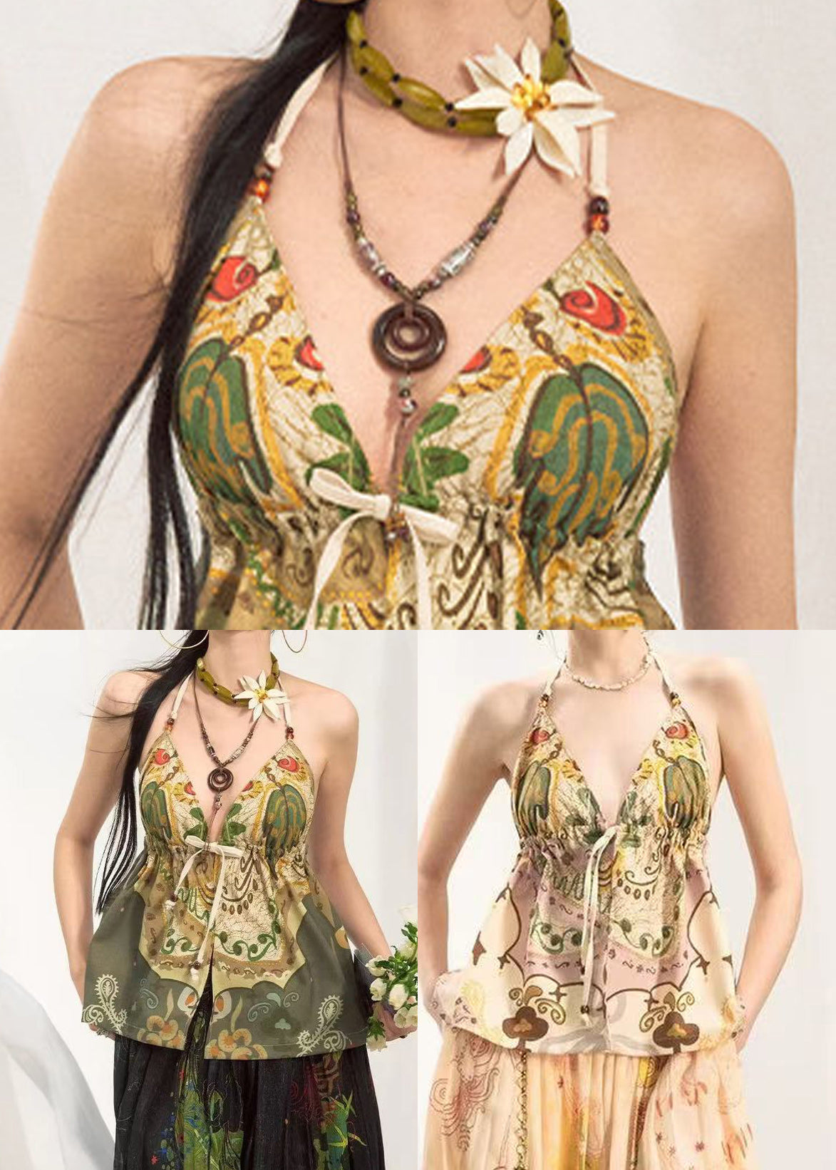 Green Oversized Print Cotton Halter Tops Summer