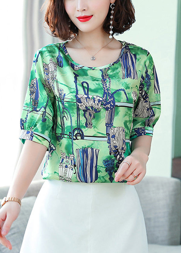 Green Oversized Print Silk Tanks Summer