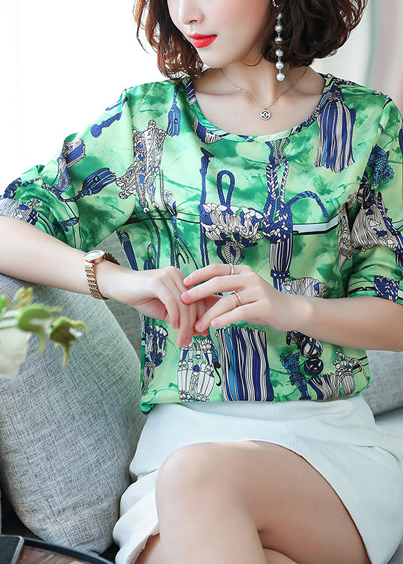 Green Oversized Print Silk Tanks Summer