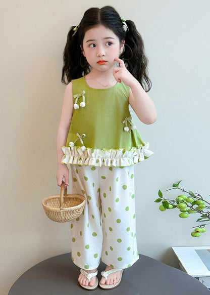 Green Patchwork Kids Vest and Crop Pants Two Pieces Set Sleeveless