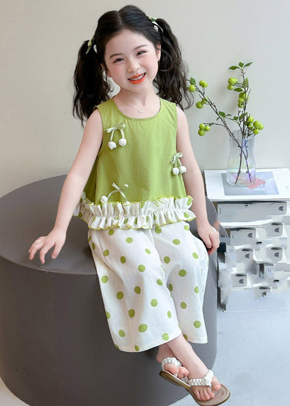Green Patchwork Kids Vest and Crop Pants Two Pieces Set Sleeveless