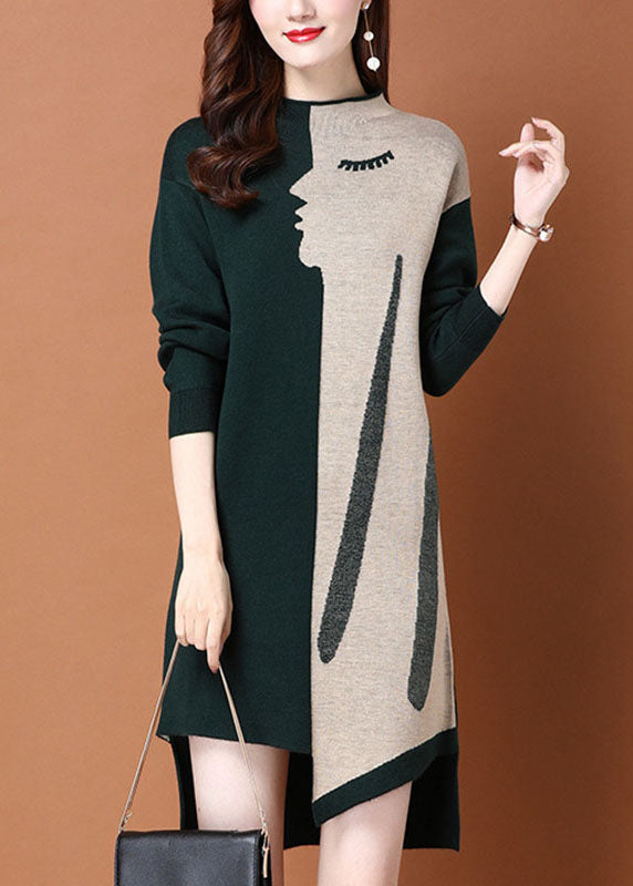 Green Patchwork Asymmetrical Design Slim Fit Fall Sweater Dress